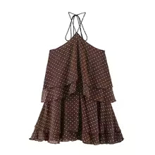 🤎✨ Vestido Corto de Lunares con Escote Halter y Volantes ✨🤎