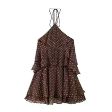🤎✨ Vestido Corto de Lunares con Escote Halter y Volantes ✨🤎